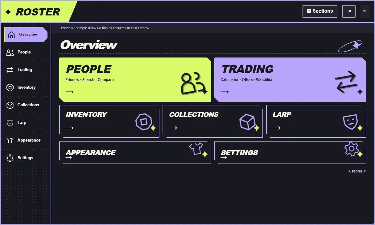 Roster overview with links to its tool sections