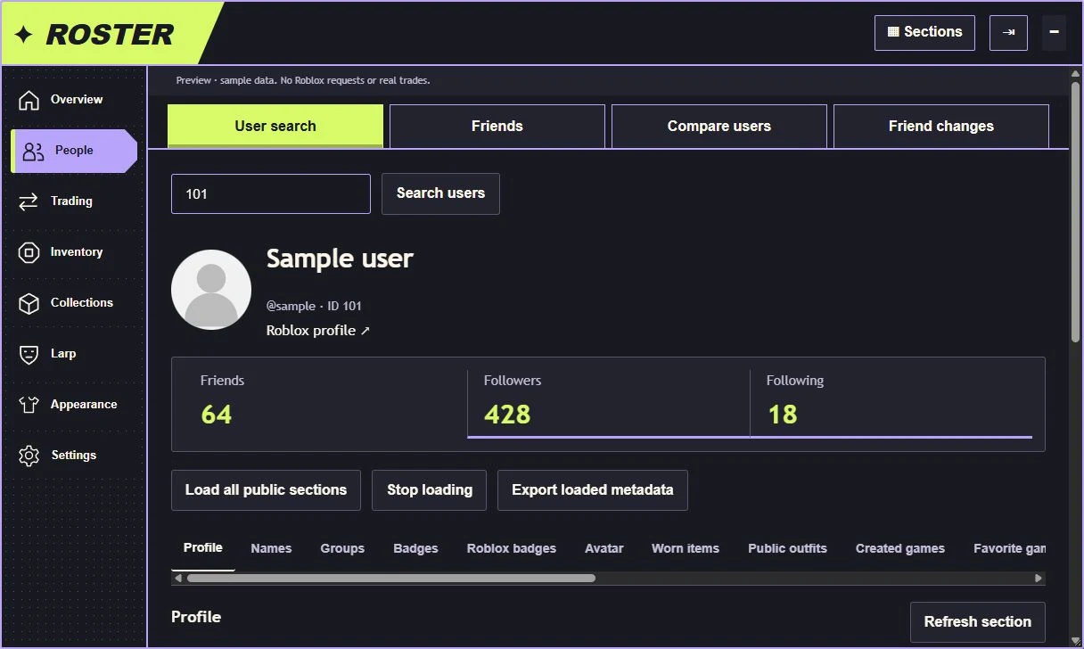 Roster People section with a searchable friends list and removal queue